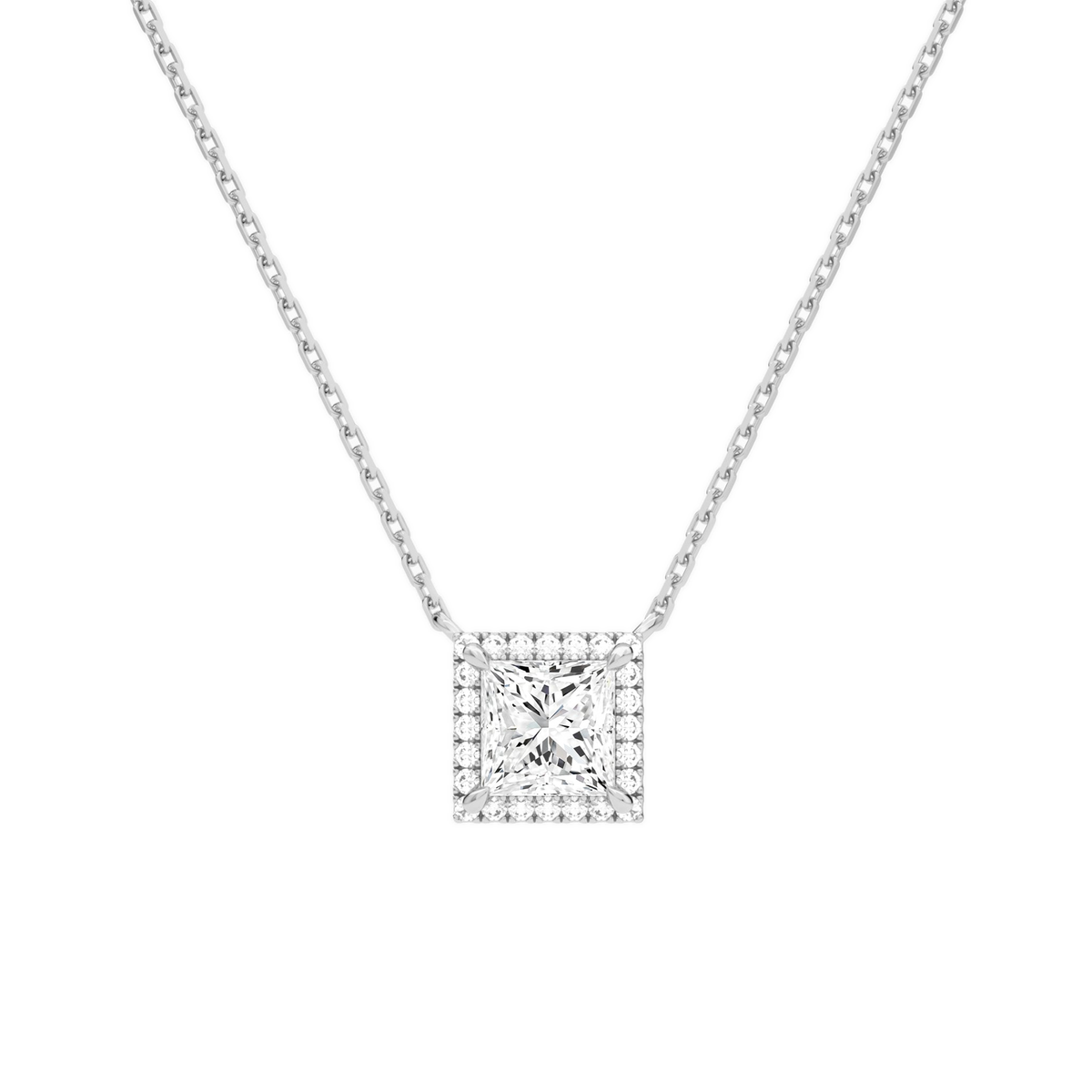 Jessa Princess Halo Lab-Grown Diamond Necklace in 18K White Gold, front view