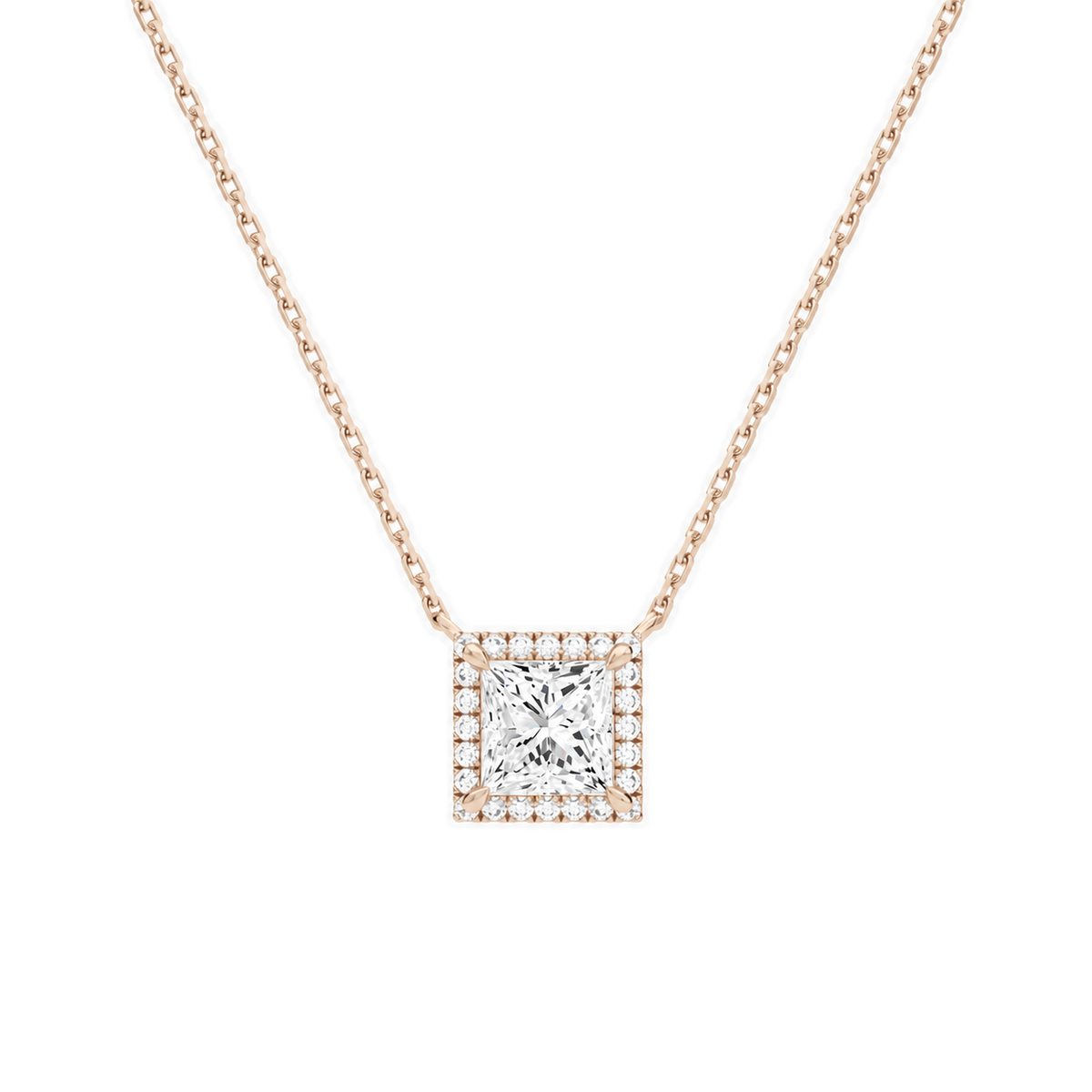 Jessa Princess Halo Lab-Grown Diamond Necklace in 14K Rose Gold, front view