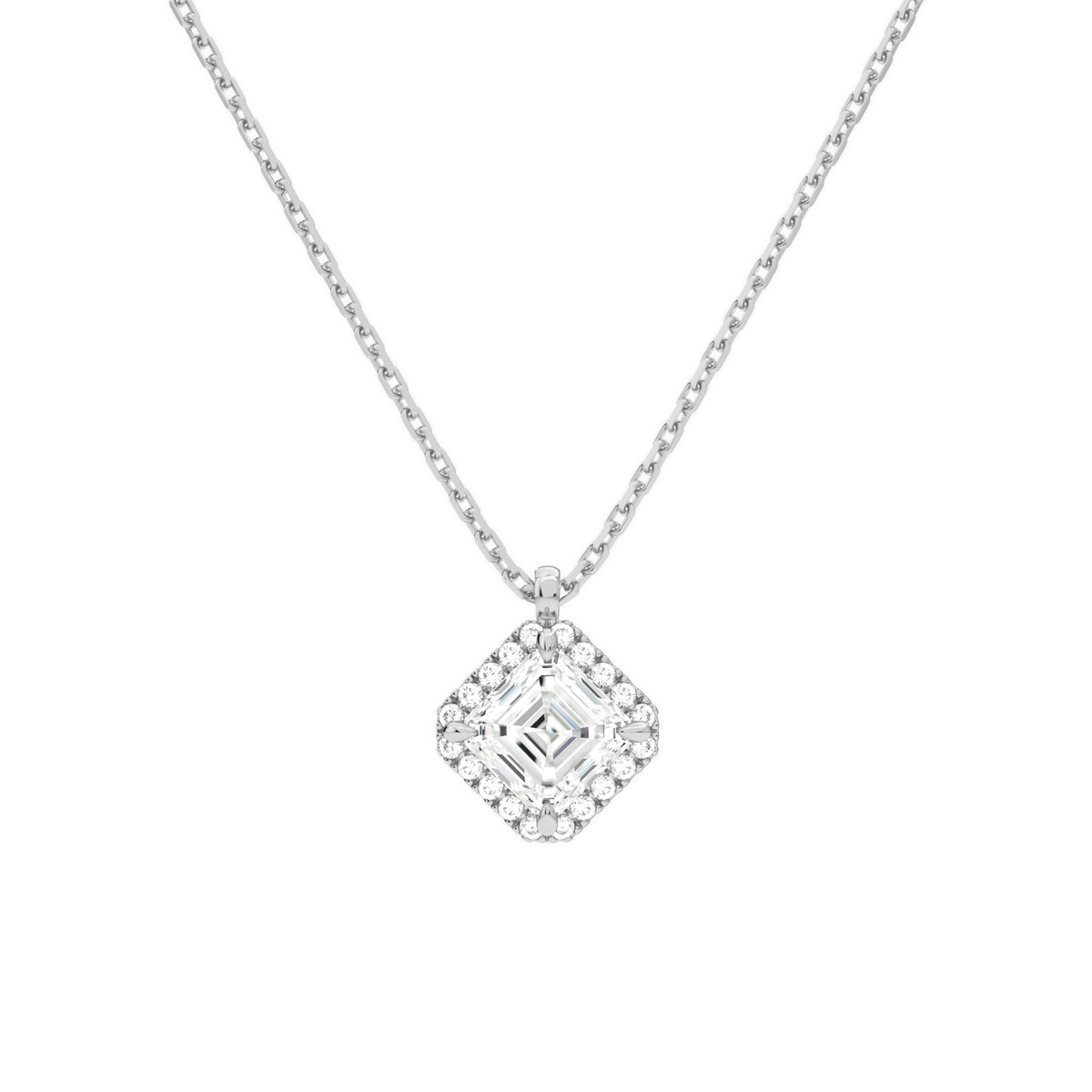 Malia Asscher Halo Lab-Grown Diamond Pendant Necklace in 14K White Gold, front view