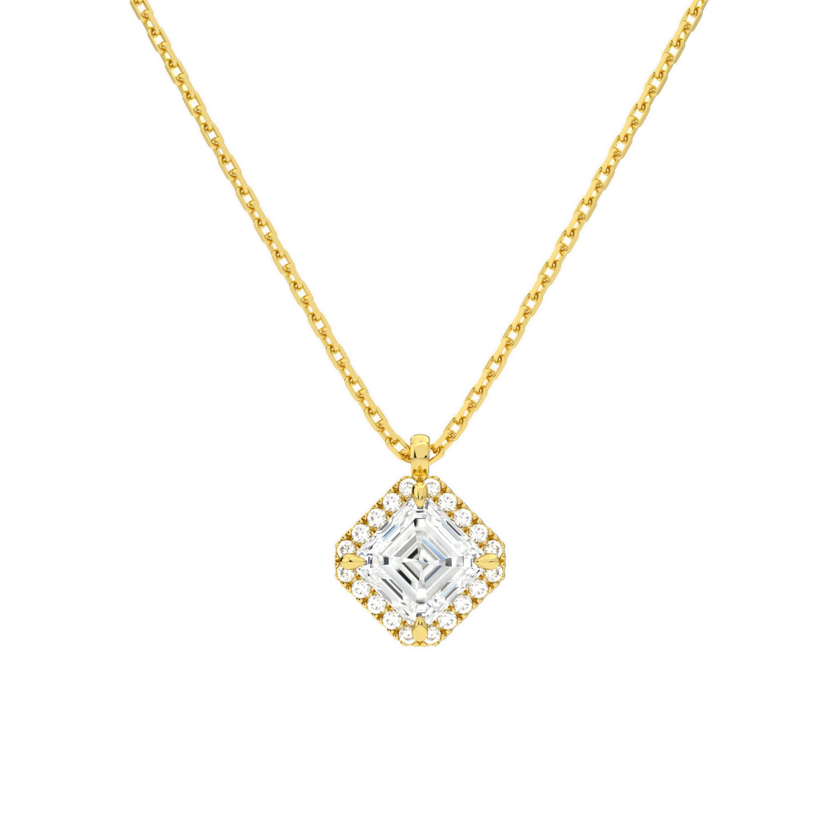 Malia Asscher Halo Lab-Grown Diamond Pendant Necklace in 18K Yellow Gold, front view