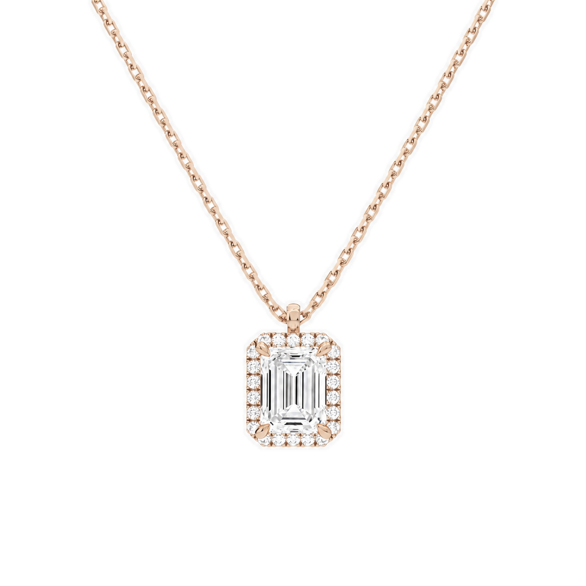Malia Emerald Halo Lab-Grown Diamond Pendant Necklace in 14K Rose Gold, front view