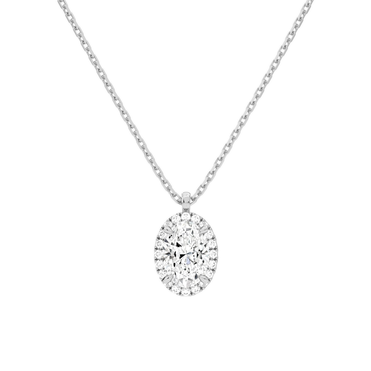 Malia Oval Halo Lab-Grown Diamond Pendant Necklace in 14K White Gold, front view