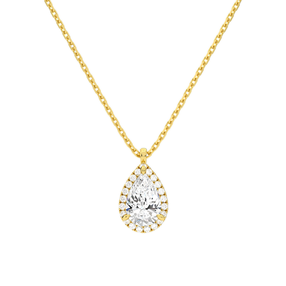 Malia Pear Halo Lab-Grown Diamond Pendant Necklace in 14K Yellow Gold, front view