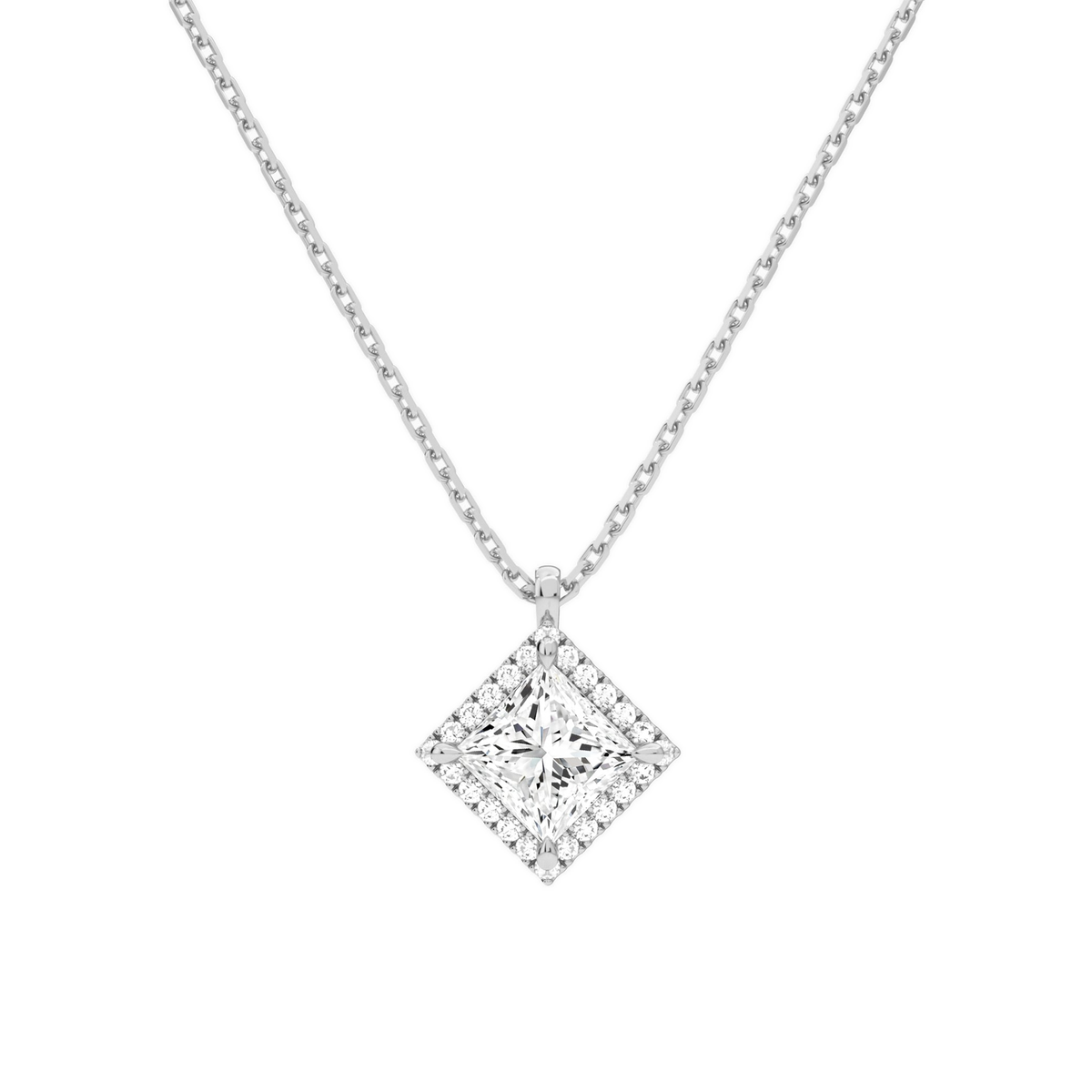 Malia Princess Halo Lab-Grown Diamond Pendant Necklace in 18K White Gold, front view