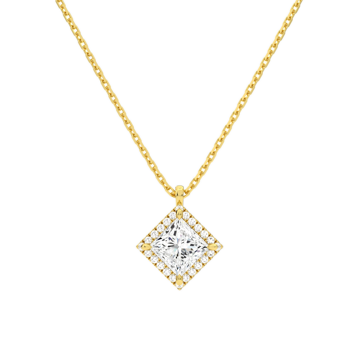 Malia Princess Halo Lab-Grown Diamond Pendant Necklace in 14K Yellow Gold, front view