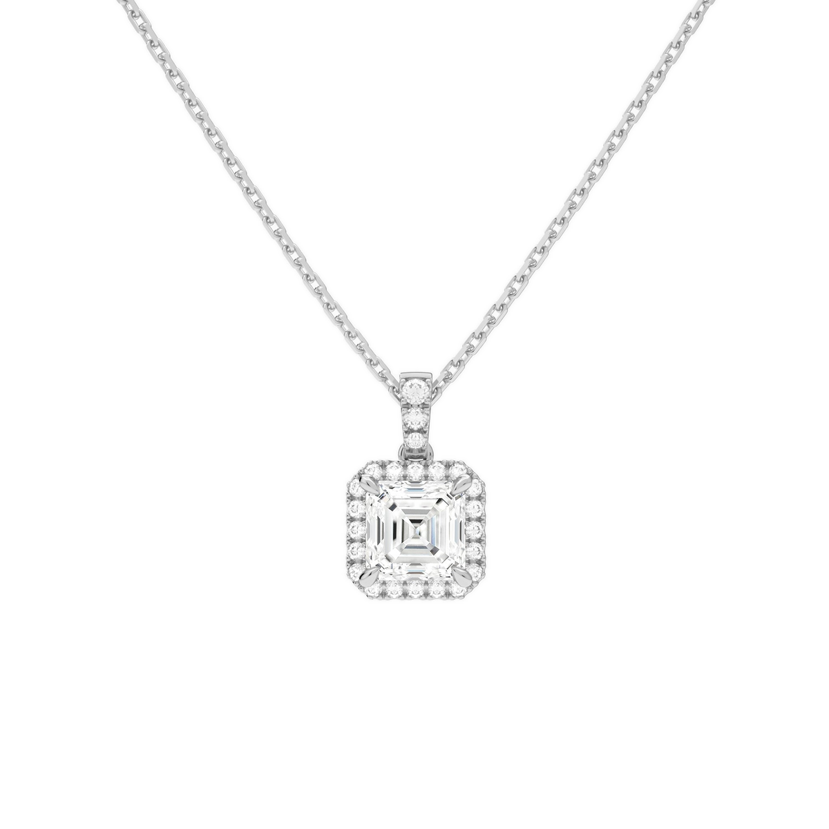 Leona Asscher Halo Accented Bail Lab-Grown Diamond Pendant Necklace in 18K White Gold, front view