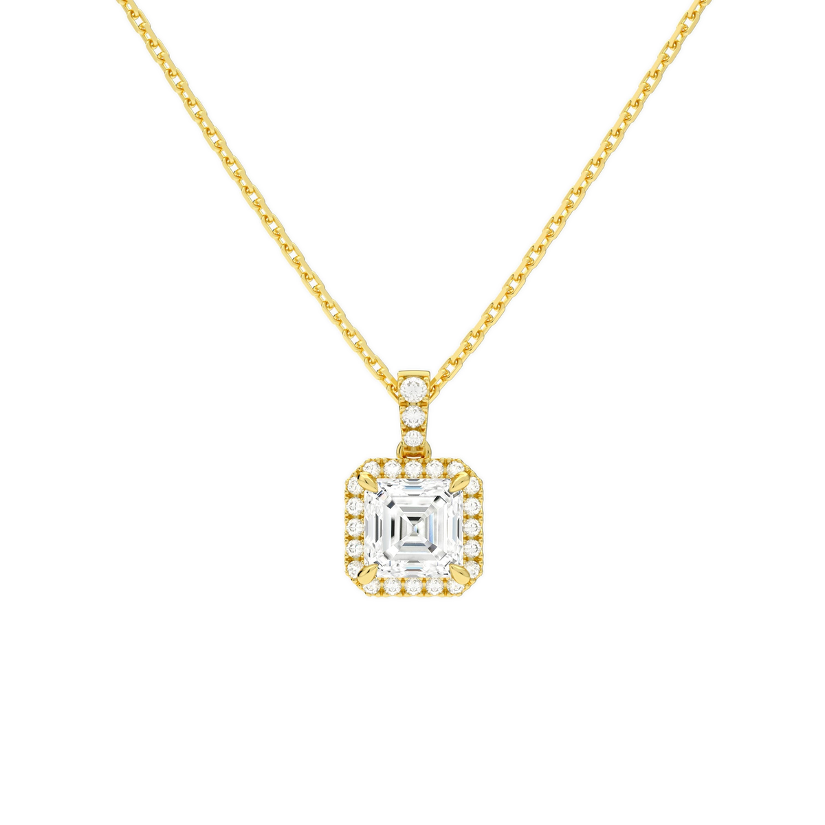 Leona Asscher Halo Accented Bail Lab-Grown Diamond Pendant Necklace in 14K Yellow Gold, front view