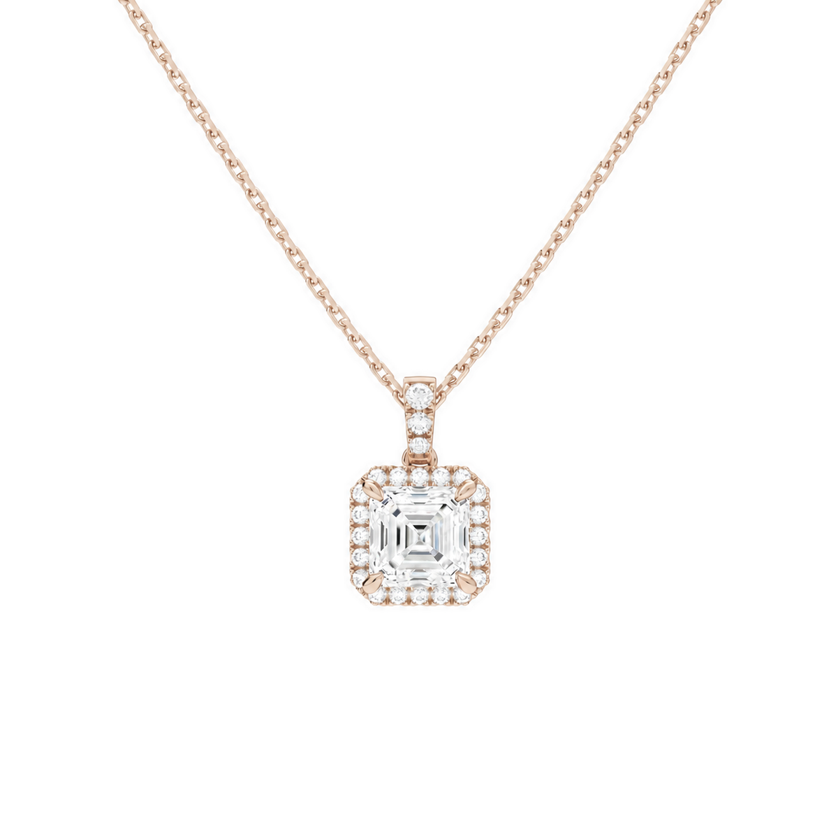 Leona Asscher Halo Accented Bail Lab-Grown Diamond Pendant Necklace in 14K Rose Gold, front view