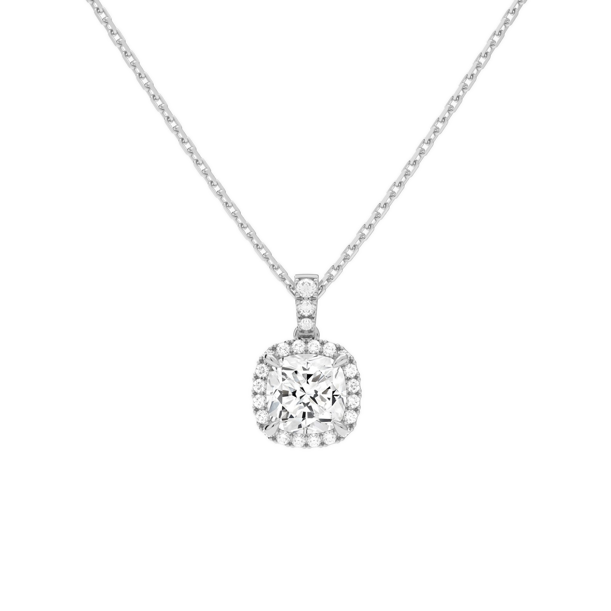 Leona Cushion Halo Accented Bail Lab-Grown Diamond Pendant Necklace in 18K White Gold, front view