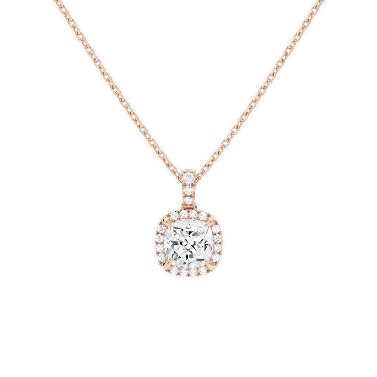 Leona Cushion Halo Accented Bail Lab-Grown Diamond Pendant Necklace in 14K Rose Gold, front view