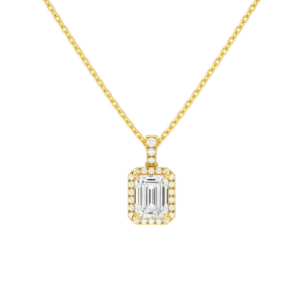 Leona Emerald Halo Accented Bail Lab-Grown Diamond Pendant Necklace in 18K Yellow Gold, front view