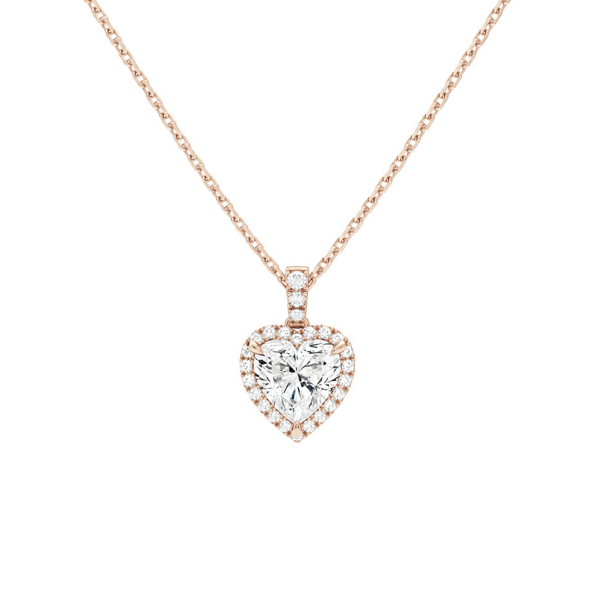 Leona Heart Halo Accented Bail Lab-Grown Diamond Pendant Necklace in 14K Rose Gold, front view