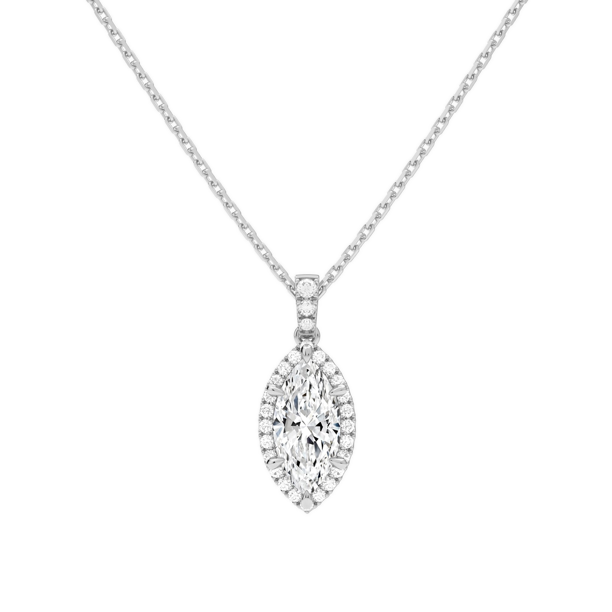 Leona Marquise Halo Accented Bail Lab-Grown Diamond Pendant Necklace in 14K White Gold, front view
