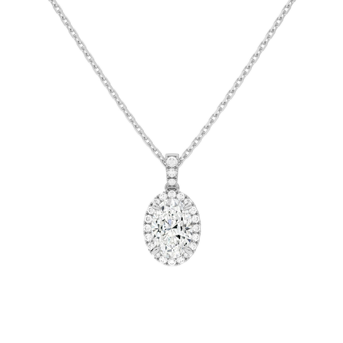 Leona Oval Halo Accented Bail Lab-Grown Diamond Pendant Necklace in 18K White Gold, front view