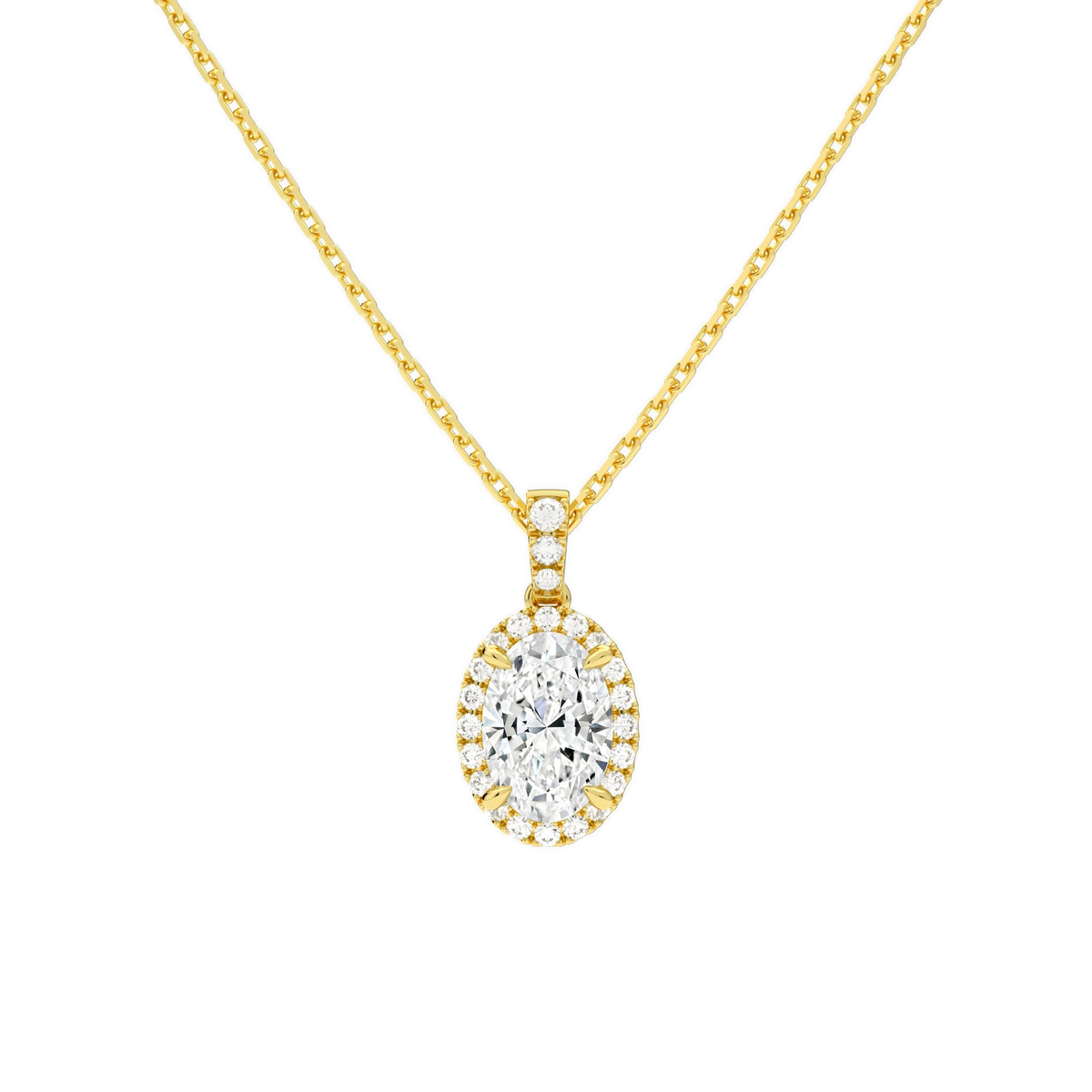Leona Oval Halo Accented Bail Lab-Grown Diamond Pendant Necklace in 14K Yellow Gold, front view