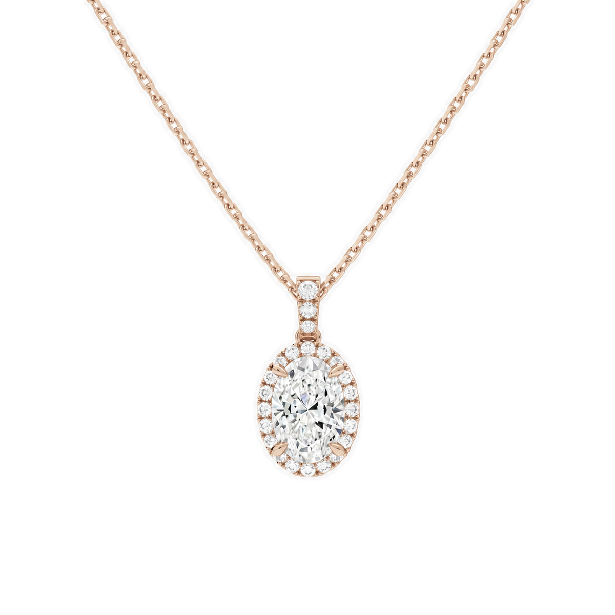 Leona Oval Halo Accented Bail Lab-Grown Diamond Pendant Necklace in 14K Rose Gold, front view