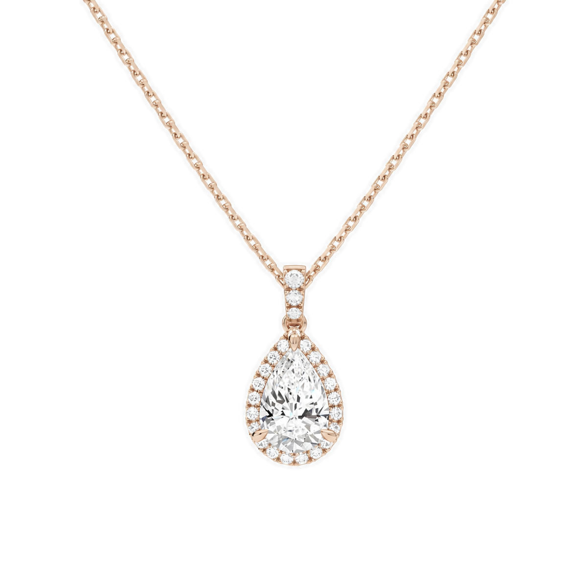 Leona Pear Halo Accented Bail Lab-Grown Diamond Pendant Necklace in 14K Rose Gold, front view