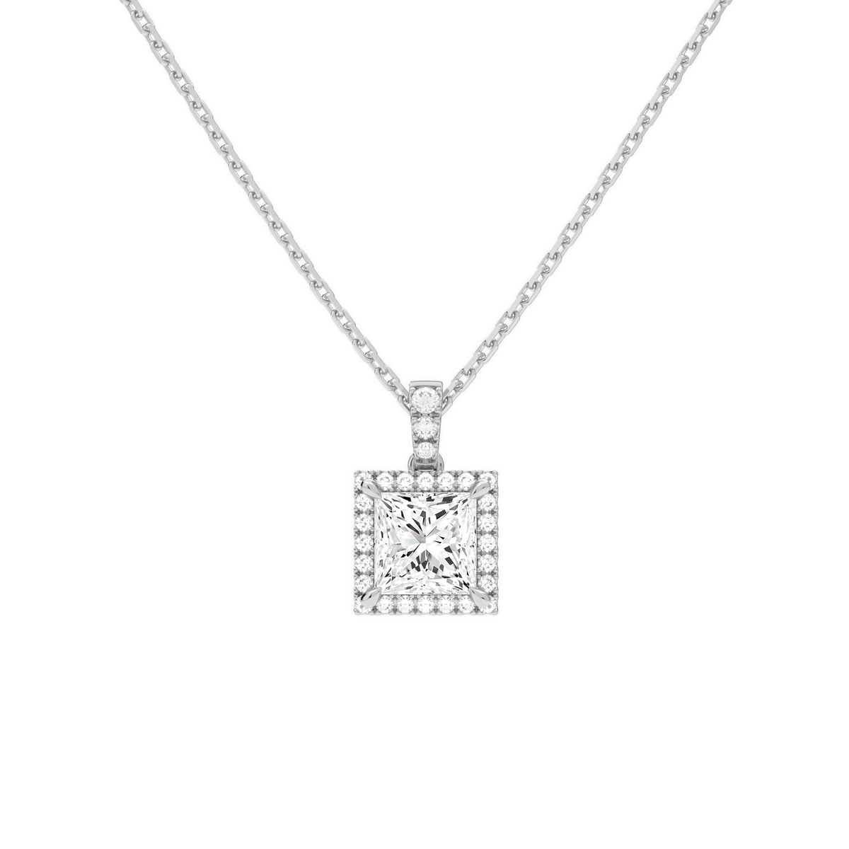 Leona Princess Halo Accented Bail Lab-Grown Diamond Pendant Necklace in 18K White Gold, front view