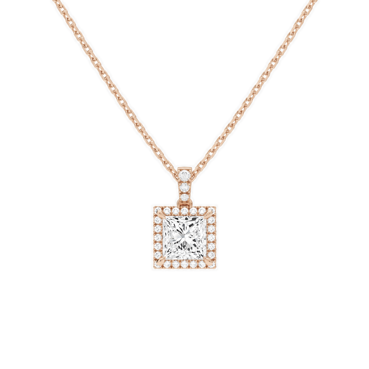 Leona Princess Halo Accented Bail Lab-Grown Diamond Pendant Necklace in 14K Rose Gold, front view