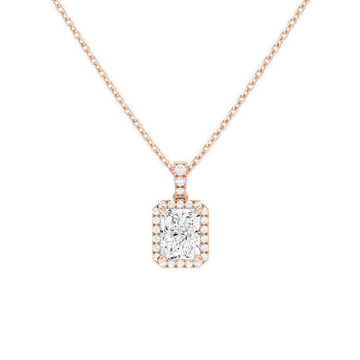 Leona Radiant Halo Accented Bail Lab-Grown Diamond Pendant Necklace in 14K Rose Gold, front view