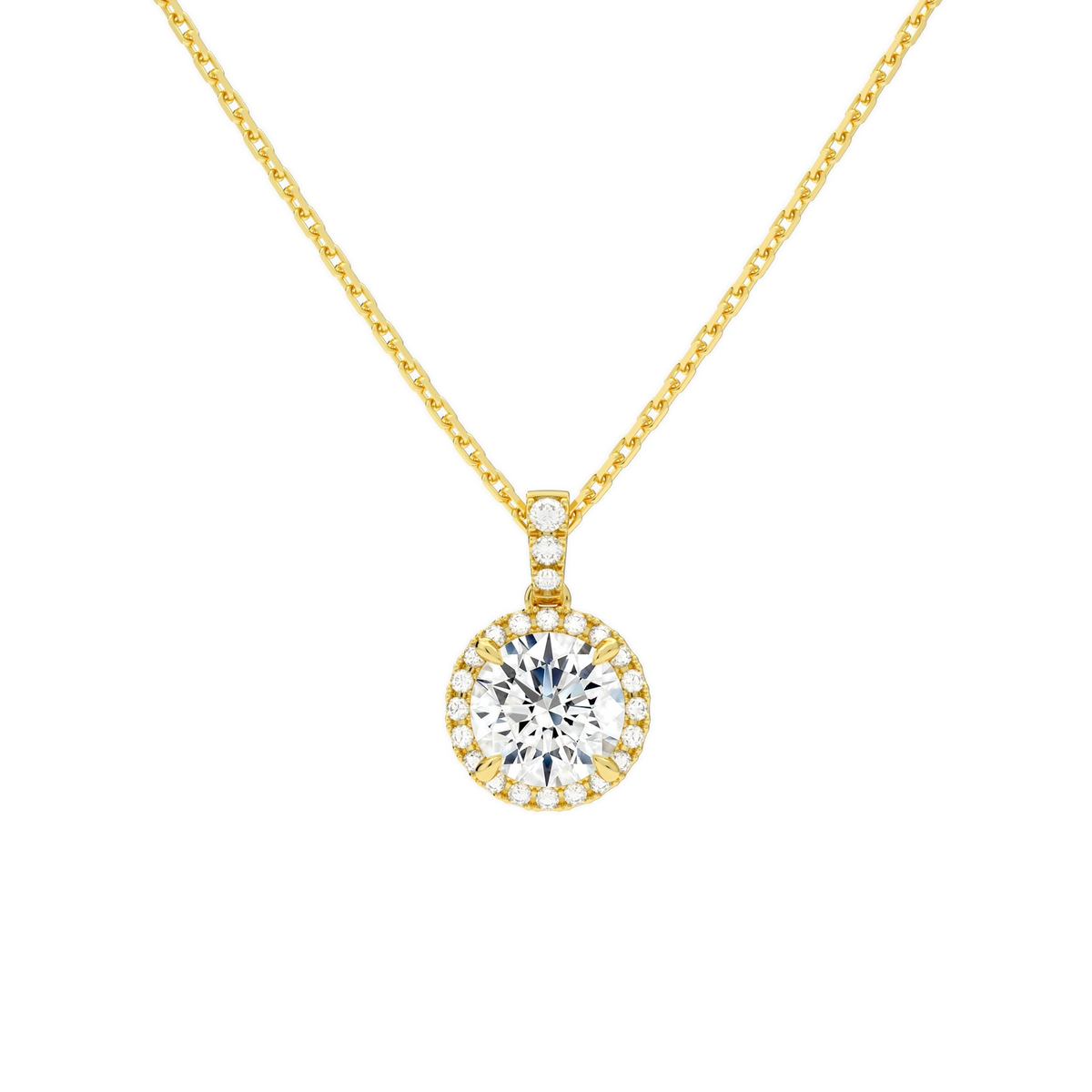 Leona Round Halo Accented Bail Lab-Grown Diamond Pendant Necklace in 18K Yellow Gold, front view