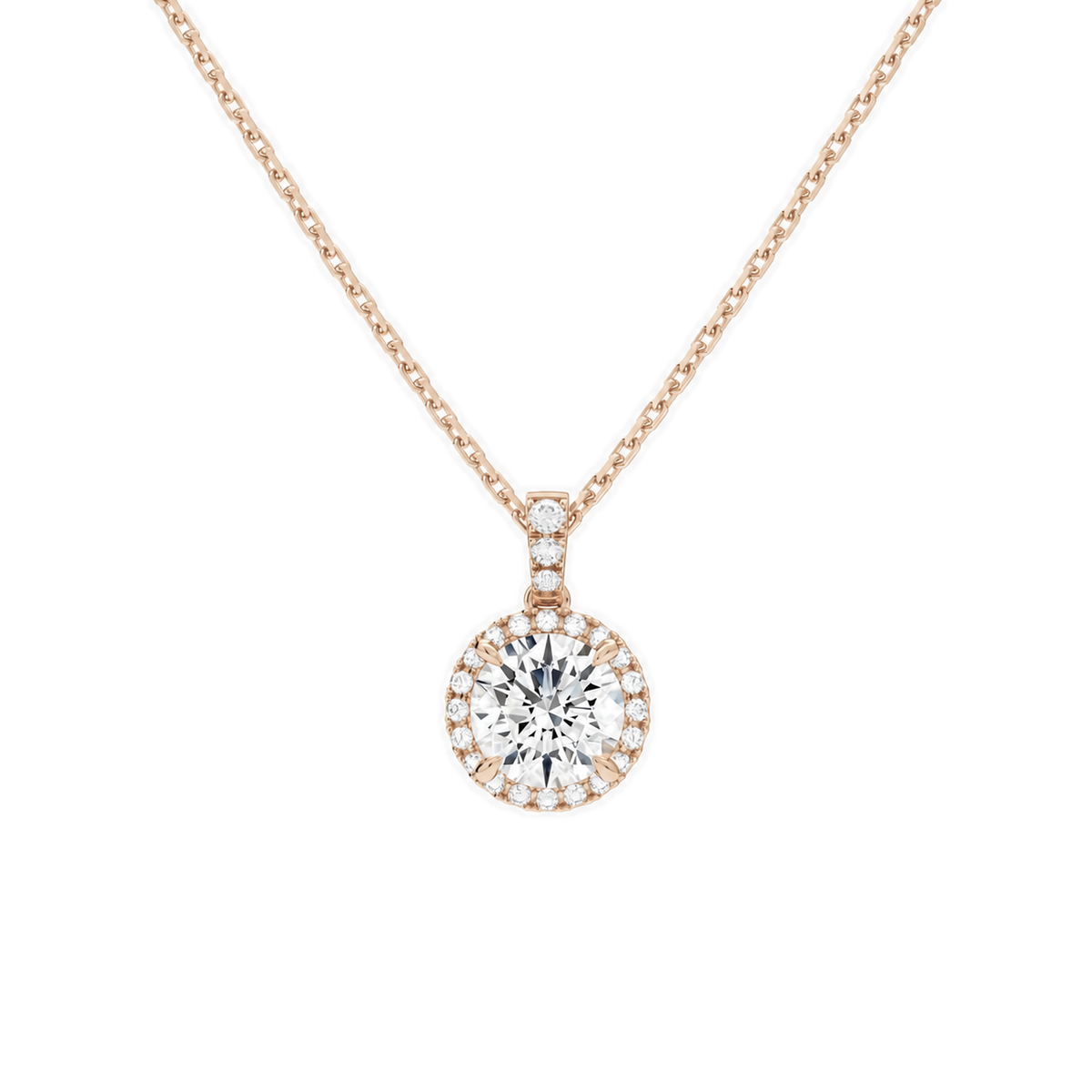 Leona Round Halo Accented Bail Lab-Grown Diamond Pendant Necklace in 14K Rose Gold, front view