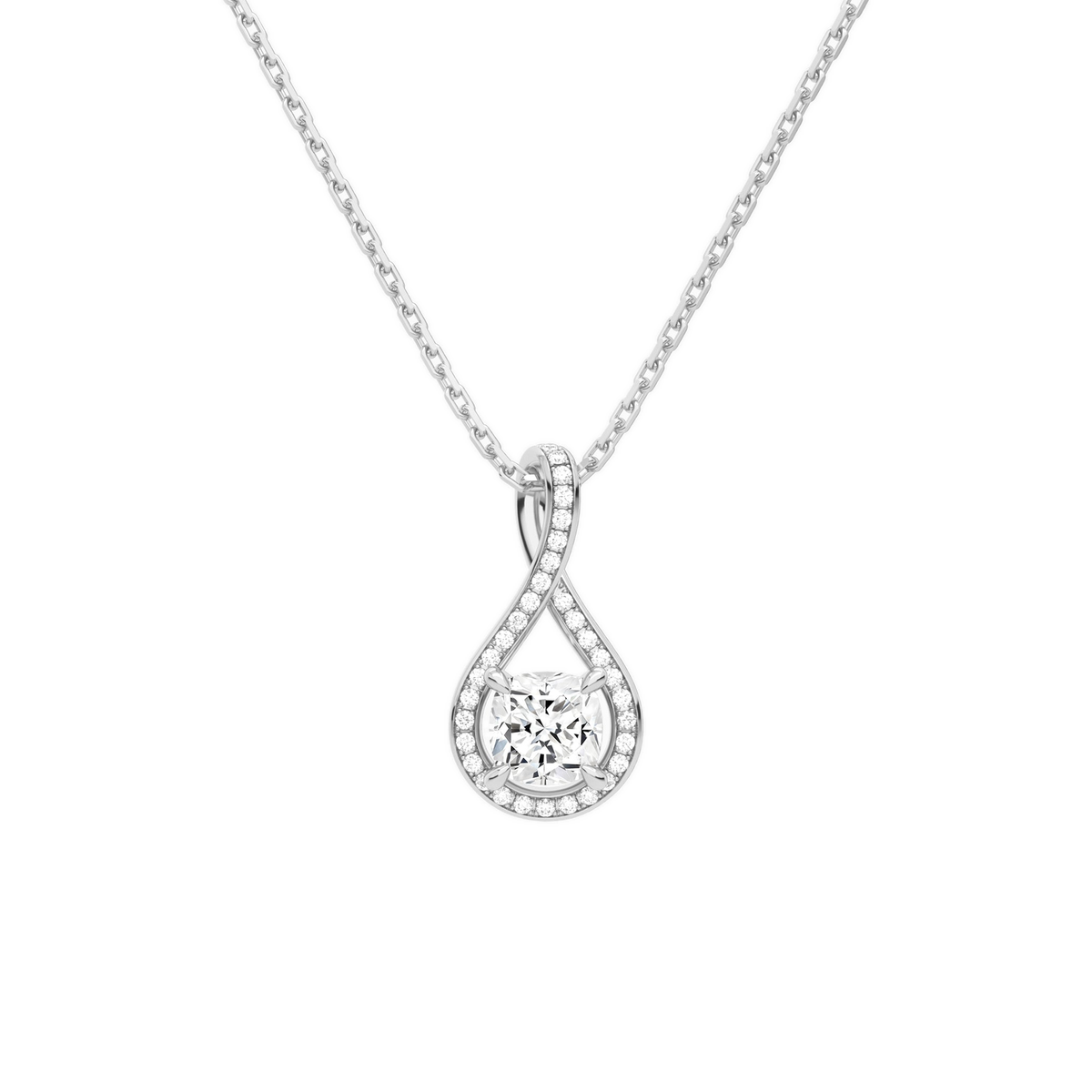 Lucina Cushion Halo Pave Twist Lab-Grown Diamond Pendant Necklace in 18K White Gold, front view