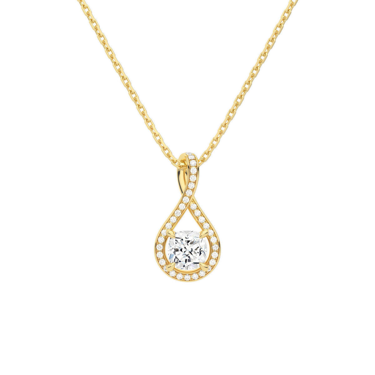 Lucina Cushion Halo Pave Twist Lab-Grown Diamond Pendant Necklace in 18K Yellow Gold, front view