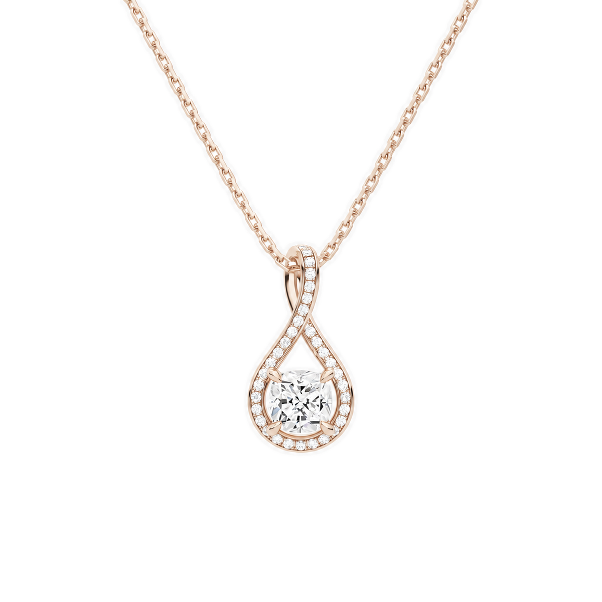 Lucina Cushion Halo Pave Twist Lab-Grown Diamond Pendant Necklace in 14K Rose Gold, front view