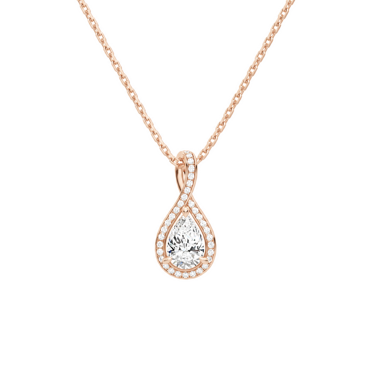 Lucina Pear Halo Pave Twist Lab-Grown Diamond Pendant Necklace in 14K Rose Gold, front view