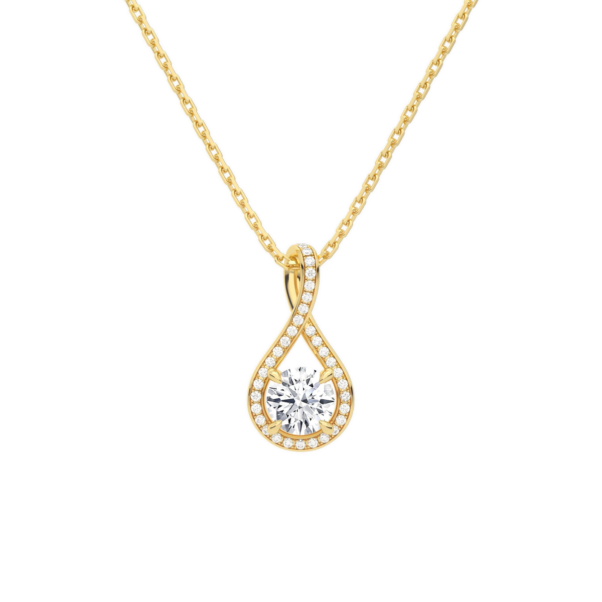 Lucina Round Halo Pave Twist Lab-Grown Diamond Pendant Necklace in 14K Yellow Gold, front view