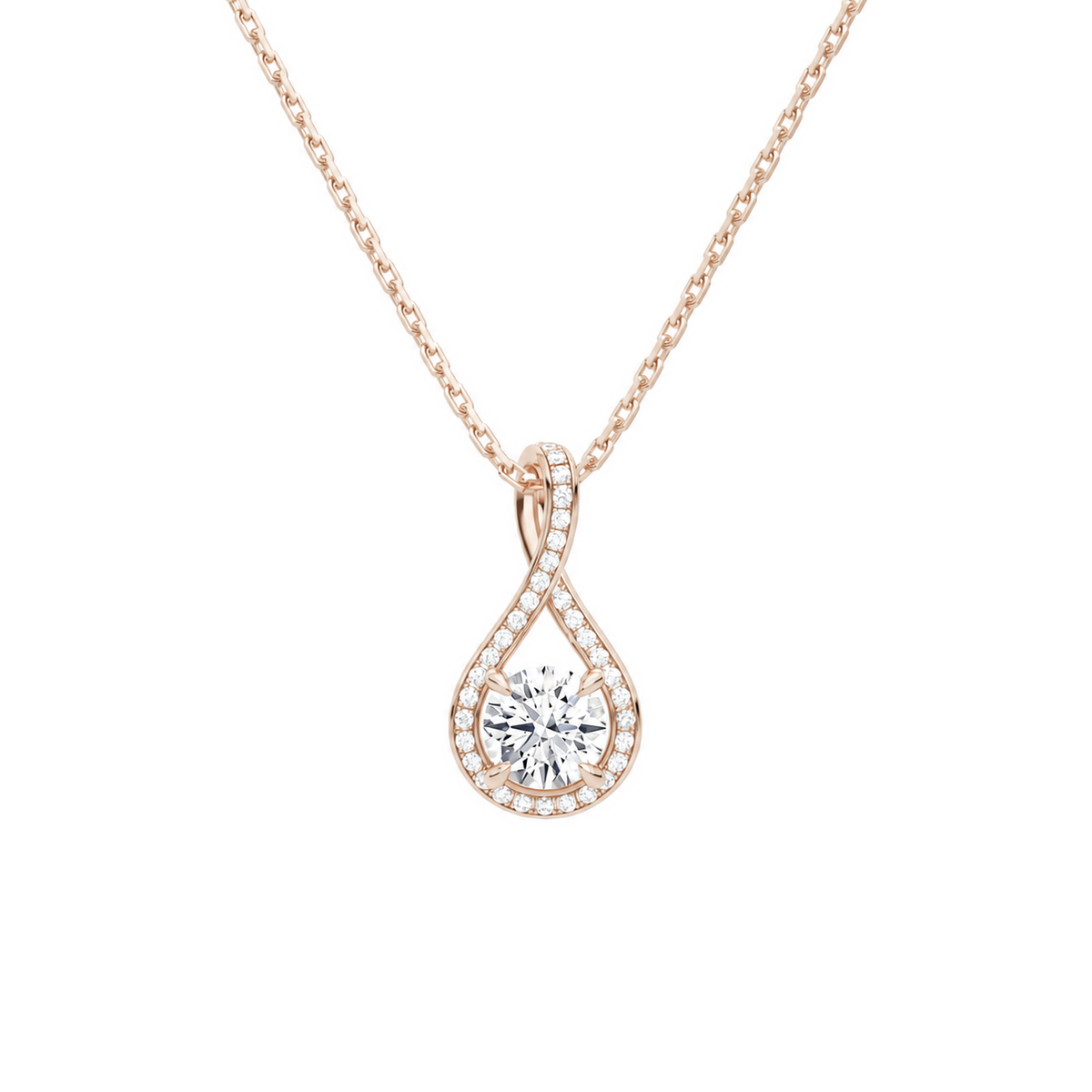 Lucina Round Halo Pave Twist Lab-Grown Diamond Pendant Necklace in 14K Rose Gold, front view