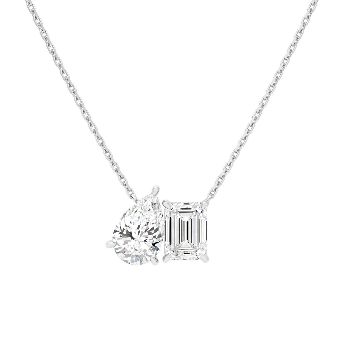 Aviana Pear & Emerald Toi Et Moi Lab-Grown Diamond Necklace in 18K White Gold, front view