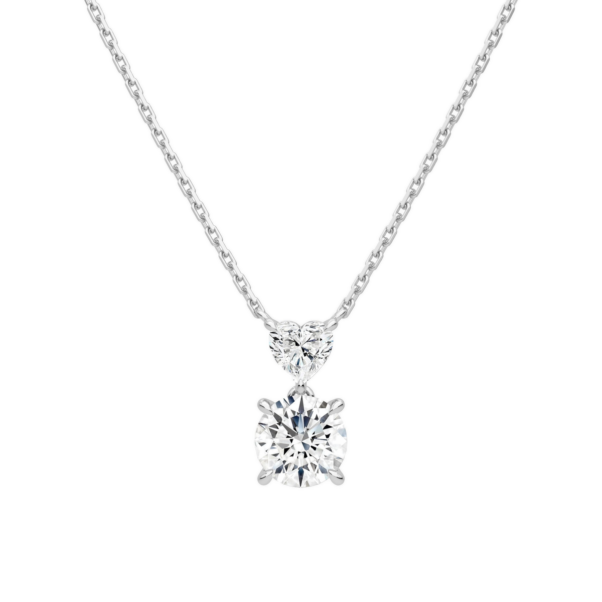 Valora Heart & Round Duo Drop Lab-Grown Diamond Necklace in 14K White Gold, front view