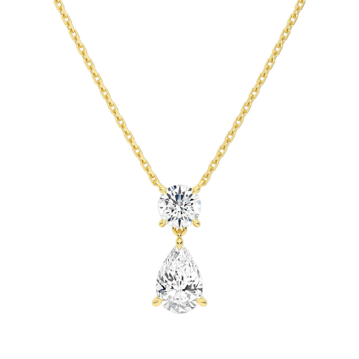 Valora Pear & Round Duo Drop Lab-Grown Diamond Necklace in 18K Yellow Gold, front view