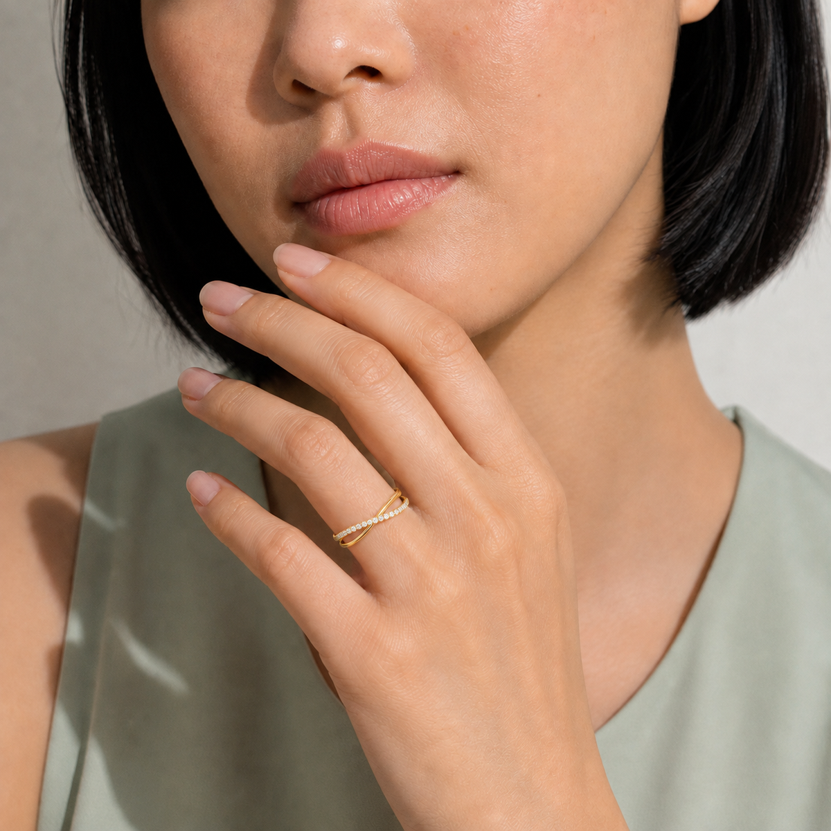 Aline Accented Cross Lab-Grown Diamond Ring in 14K Yellow Gold, worn on hand