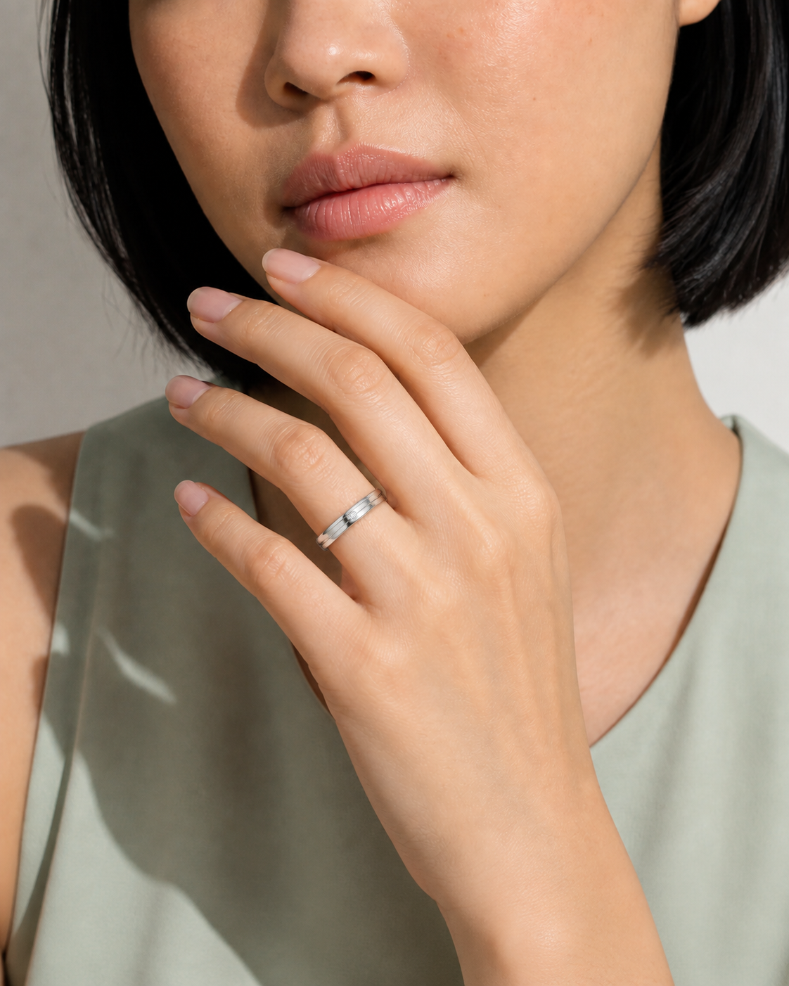 Adeline Beveled Accented Lab-Grown Diamond Wedding Band in 18K White Gold, worn on hand