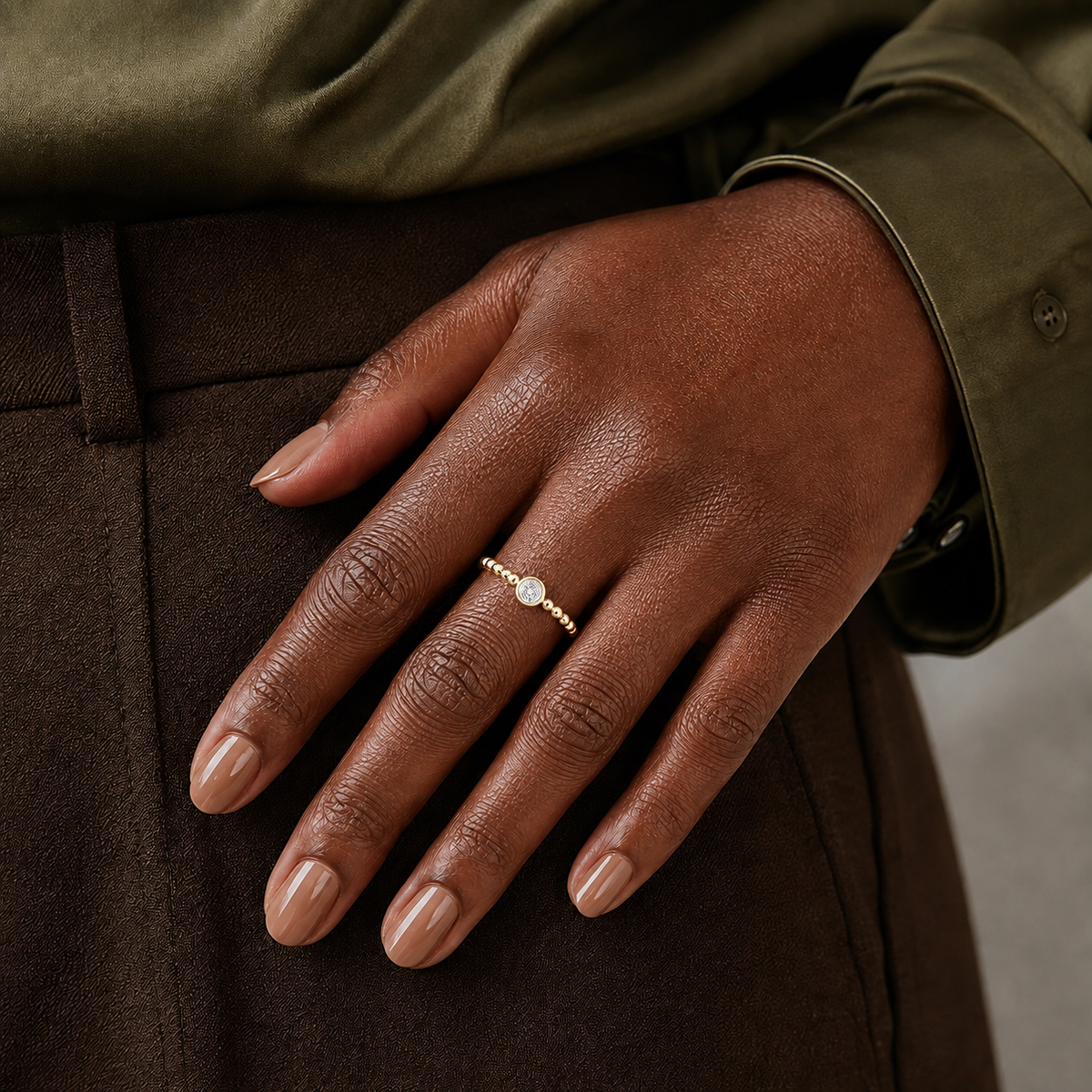 Celia Beaded Bezel Solitaire Lab-Grown Diamond Ring in 14K Yellow Gold, worn on hand