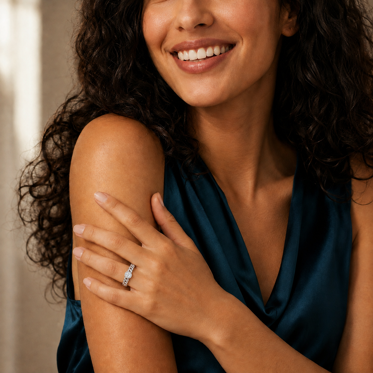 Nadia Cuban Bezel Stacking Lab-Grown Diamond Ring in 14K White Gold, worn on hand