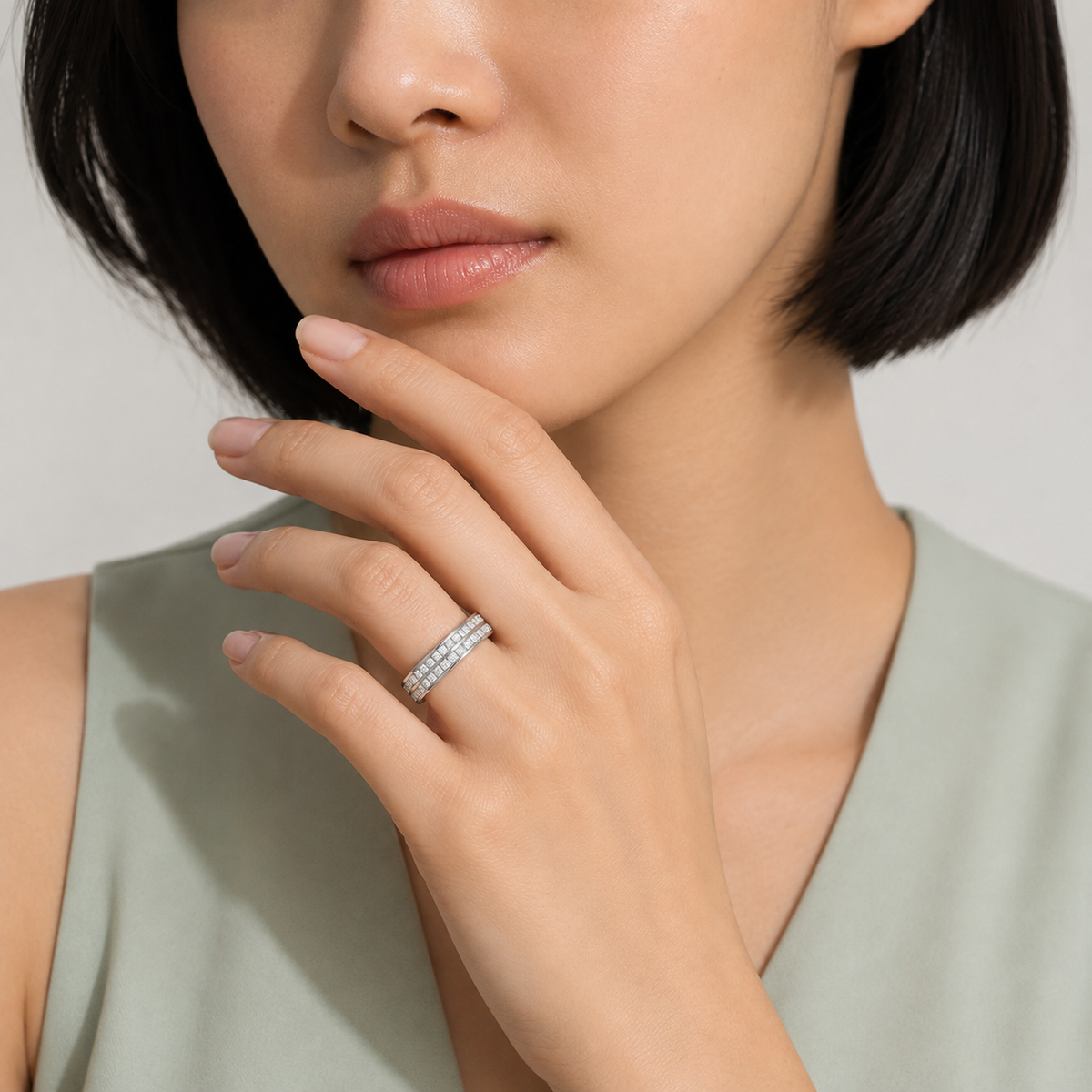 Eloise Two Row Channel Cut Lab-Grown Diamond Wedding Band in Platinum, worn on hand
