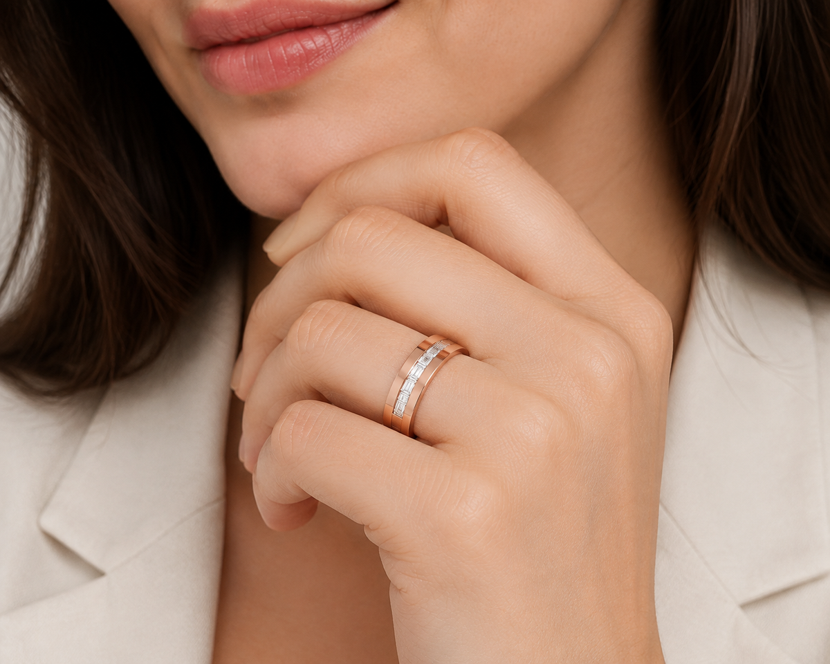 Arden East-West Channel Baguette Lab-Grown Diamond Wedding Band in 14K Rose Gold, worn on hand