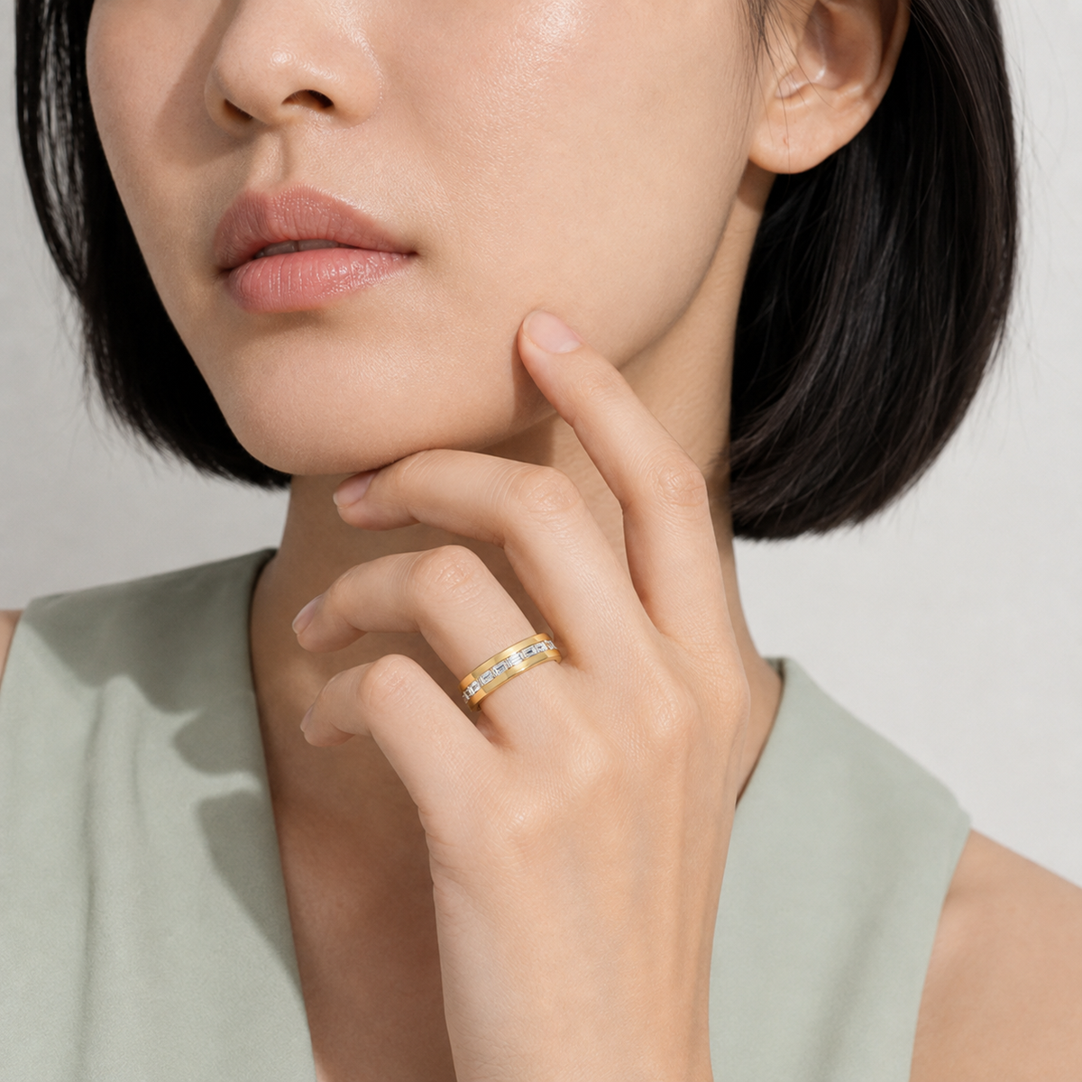 Arden East-West Channel Baguette Lab-Grown Diamond Wedding Band in 14K Yellow Gold, worn on hand
