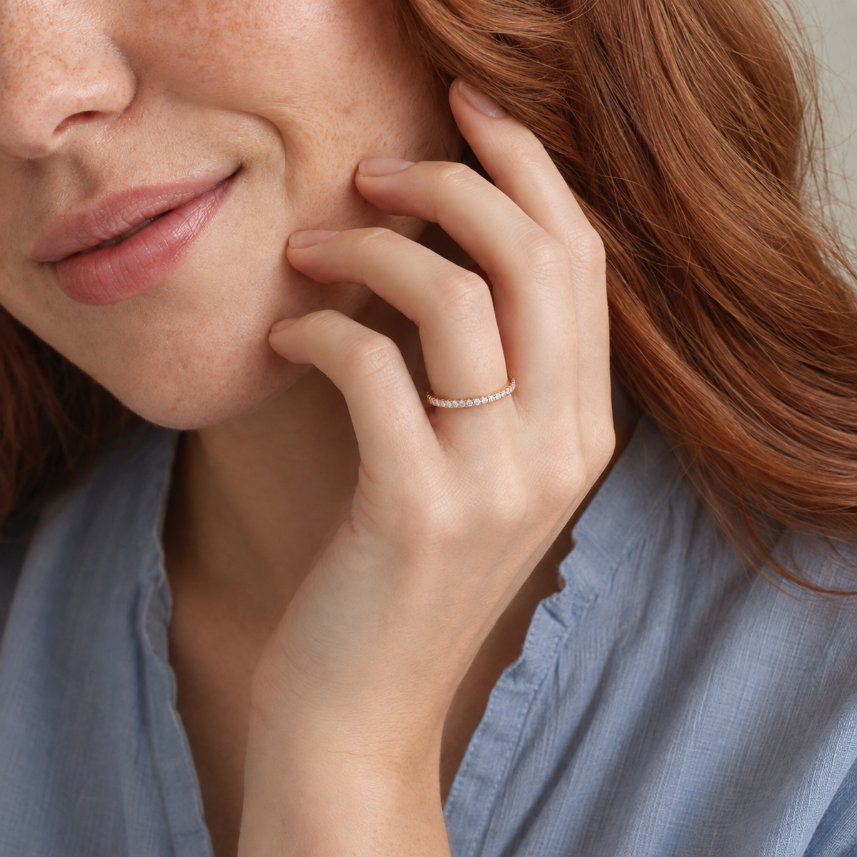 Emmeline Seraphine Three-Quarter Coverage Lab-Grown Diamond Ring in 14K Rose Gold, worn on hand