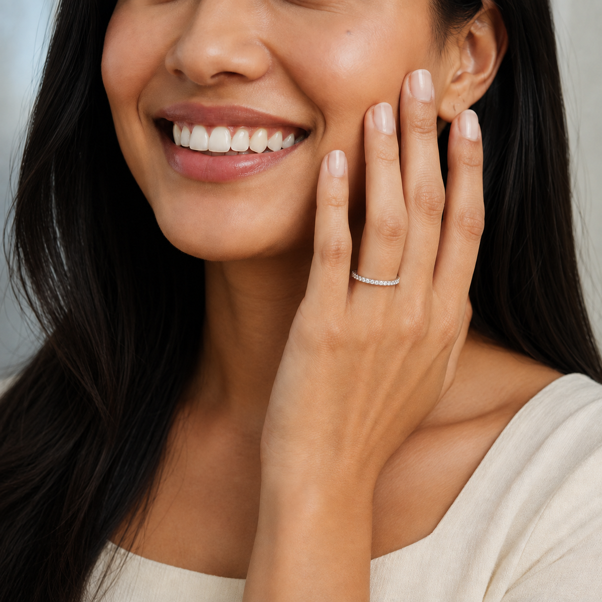 Emmeline Seraphine Three-Quarter Coverage Lab-Grown Diamond Ring in 18K White Gold, worn on hand