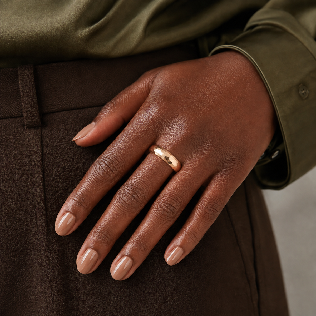 Calista Hammered Comfort Fit Lab-Grown Diamond Wedding Band in 14K Rose Gold, worn on hand