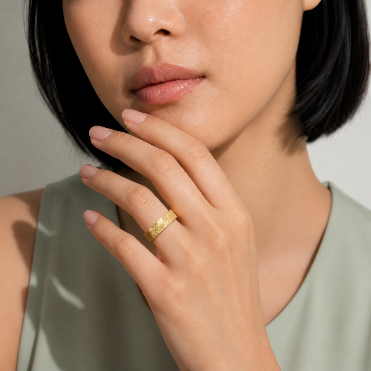 Elise Knurled Flat Edge Lab-Grown Diamond Wedding Band in 14K Yellow Gold, worn on hand