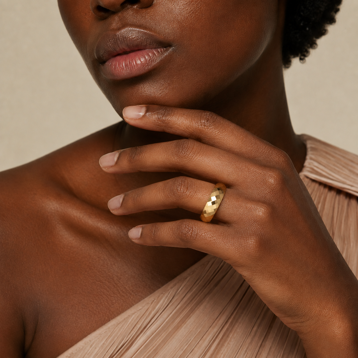 Odette Faceted Dome Lab-Grown Diamond Wedding Band in 14K Yellow Gold, worn on hand