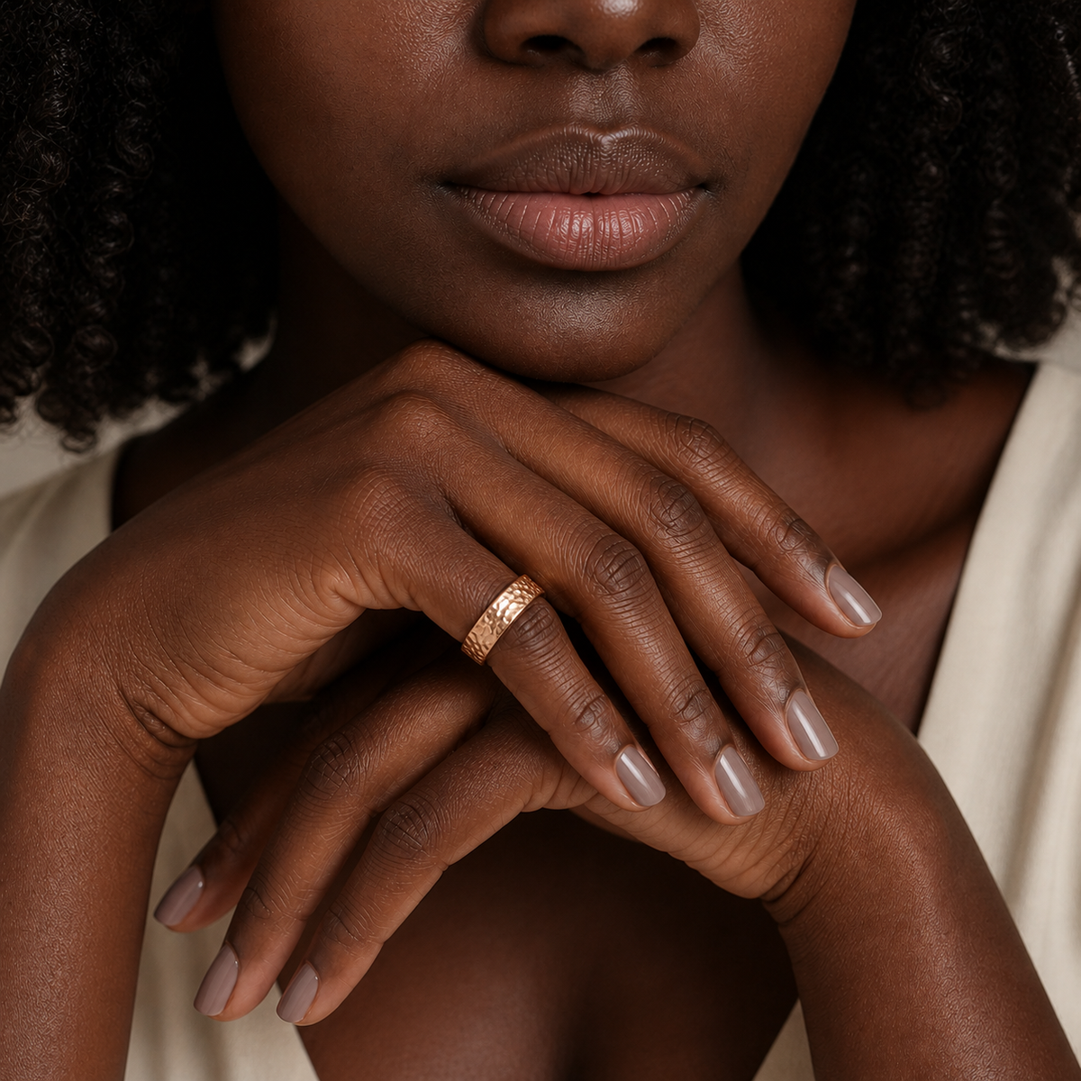 Willa Hammered Concave Comfort Fit Lab-Grown Diamond Wedding Band in 14K Rose Gold, worn on hand