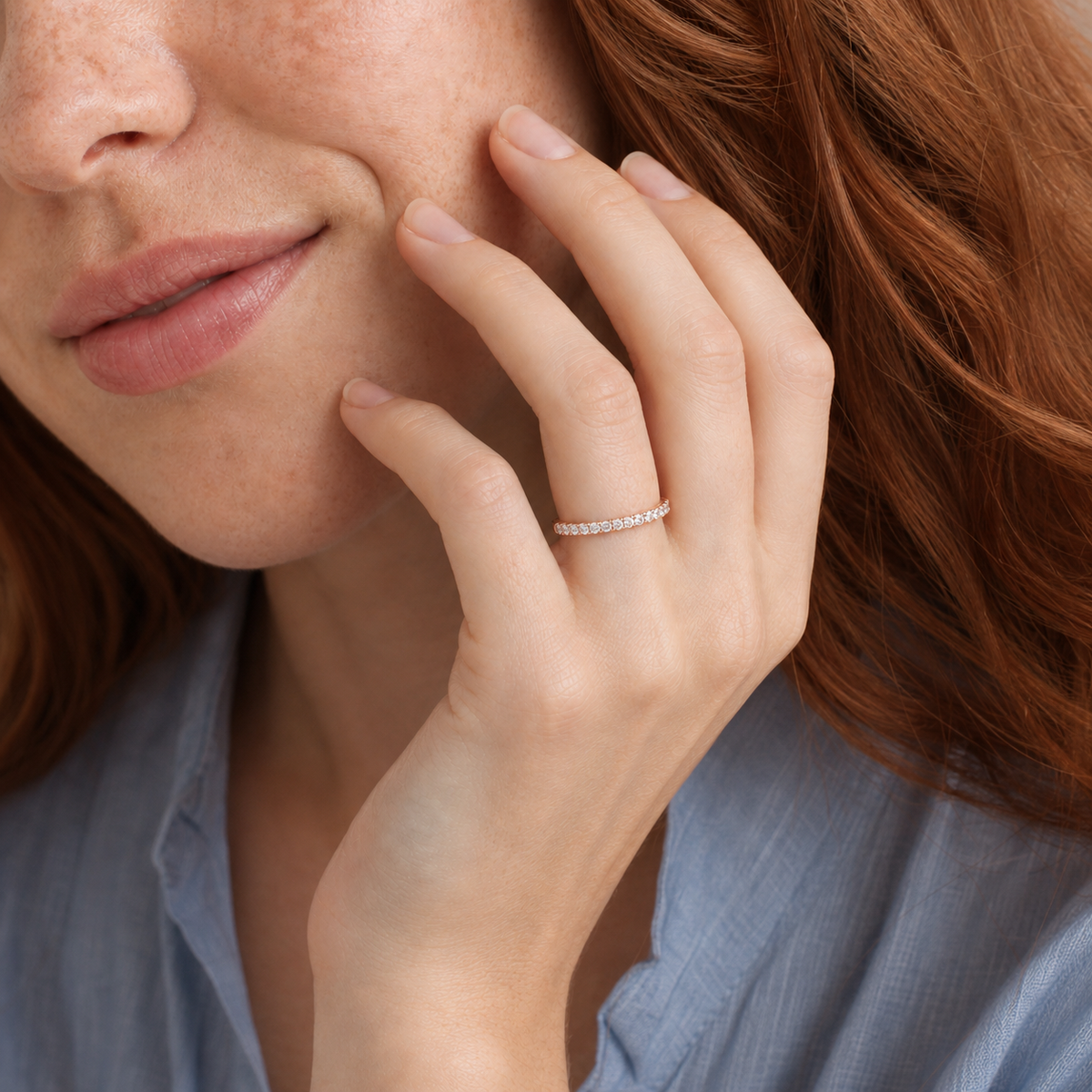 Sela Classic Shared Prong Eternity Lab-Grown Diamond Band in 14K Rose Gold, worn on hand