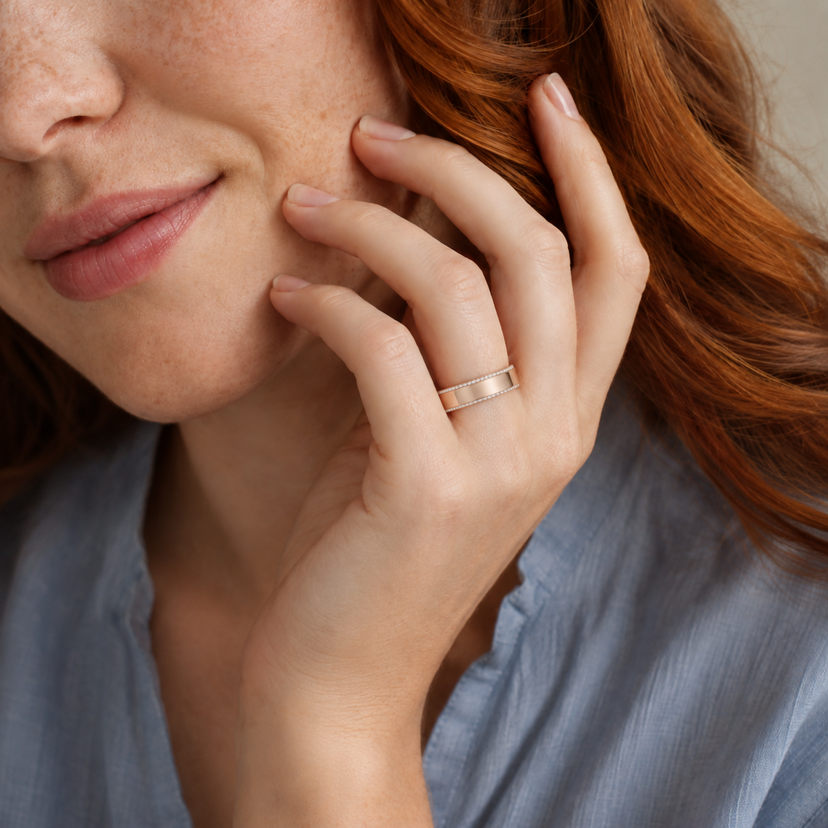 Lumi Eternity Side Lab-Grown Diamond Wedding Band in 14K Rose Gold, worn on hand